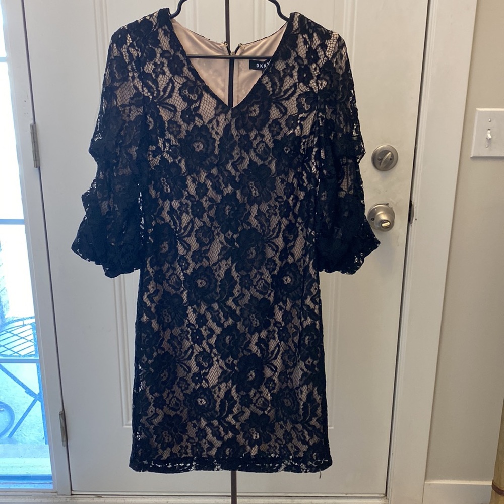 DKNY Black Floral Lace Cream Undertone 3/4 Sleeve Dress 4 NWT DD8HH247